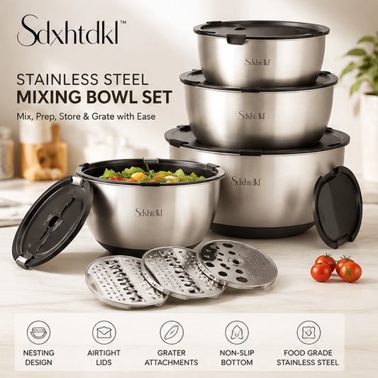 Sdxhtdkl™ Stainless Steel Mixing Bowl Set with Airtight Lids & Grater Attachments