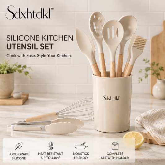 Sdxhtdkl™ Silicone Kitchen Utensil Set with Wooden Handles & Holder
