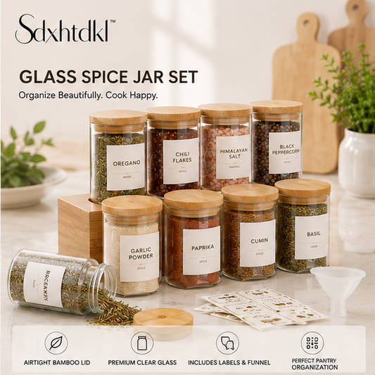 Sdxhtdkl™ Glass Spice Jar Set with Bamboo Lids, Labels & Funnel Kit